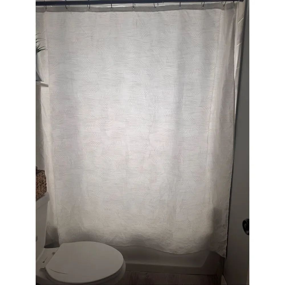 White Shower Curtain Gray Palm Leaf Print Bathroom Fabric Standard Size
